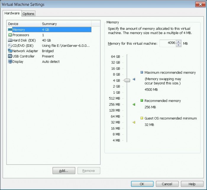 VMWare Player settings for Citrix XenServer 6.0 vm