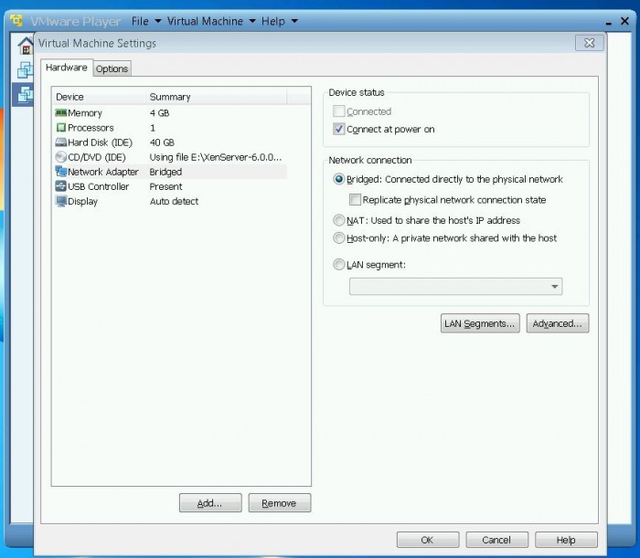 VMWare Player network settings for XS 6
