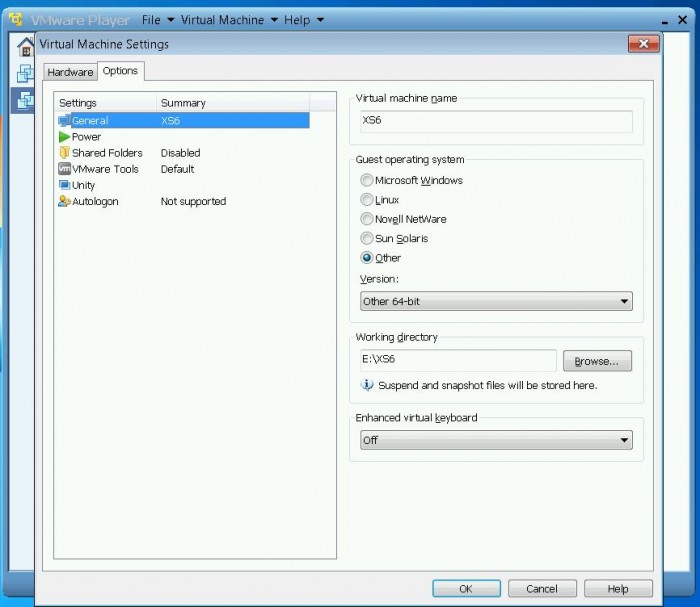 VMWare Player options for XS 6